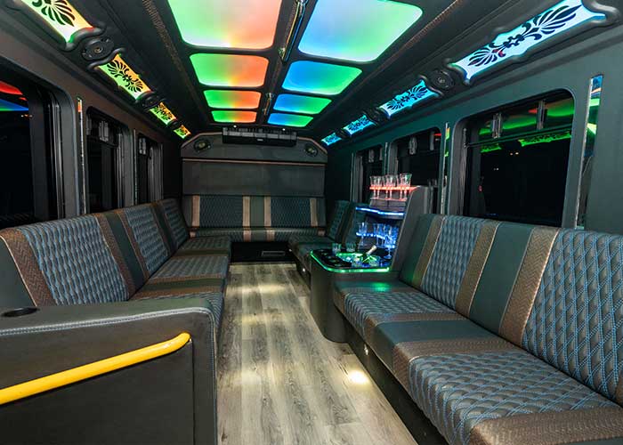 20-passenger luxury party bus interior amenities