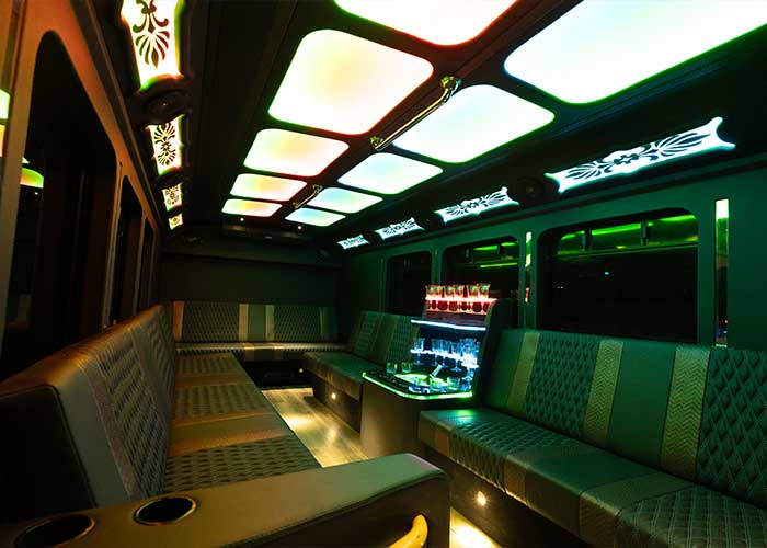 20-passenger luxury party bus interior view